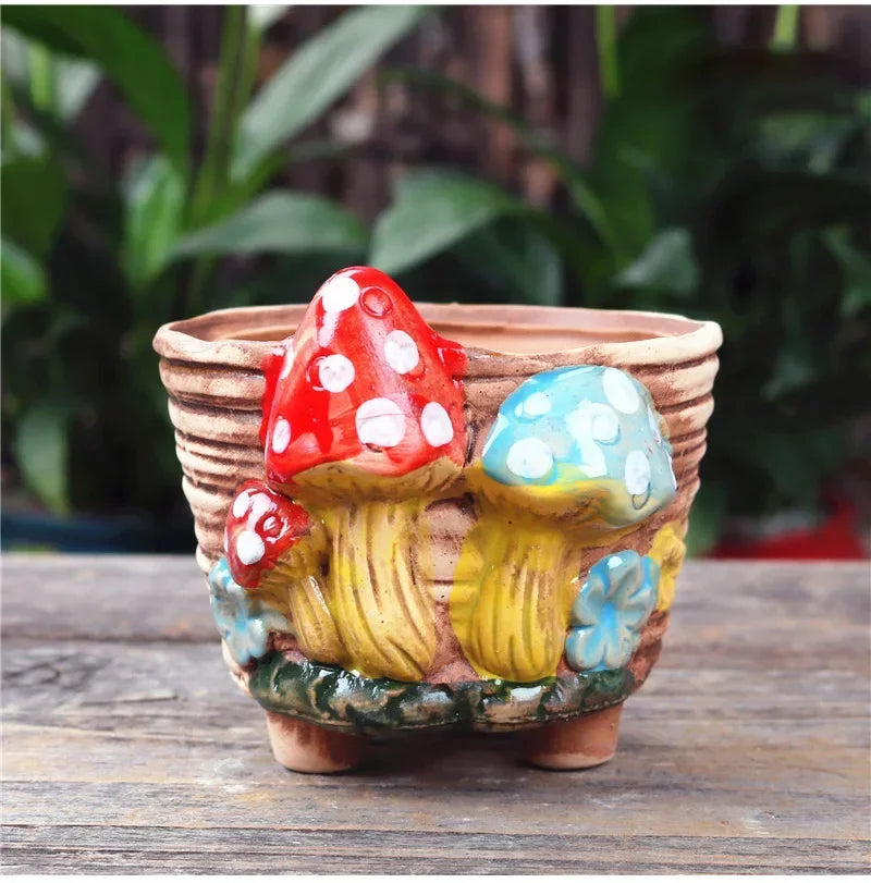 Fairy Tale Garden Personality Mushroom Pottery Succulent Plant Pot Living Room Decoration Flower Pot Retro Handicraft Bonsai Pot