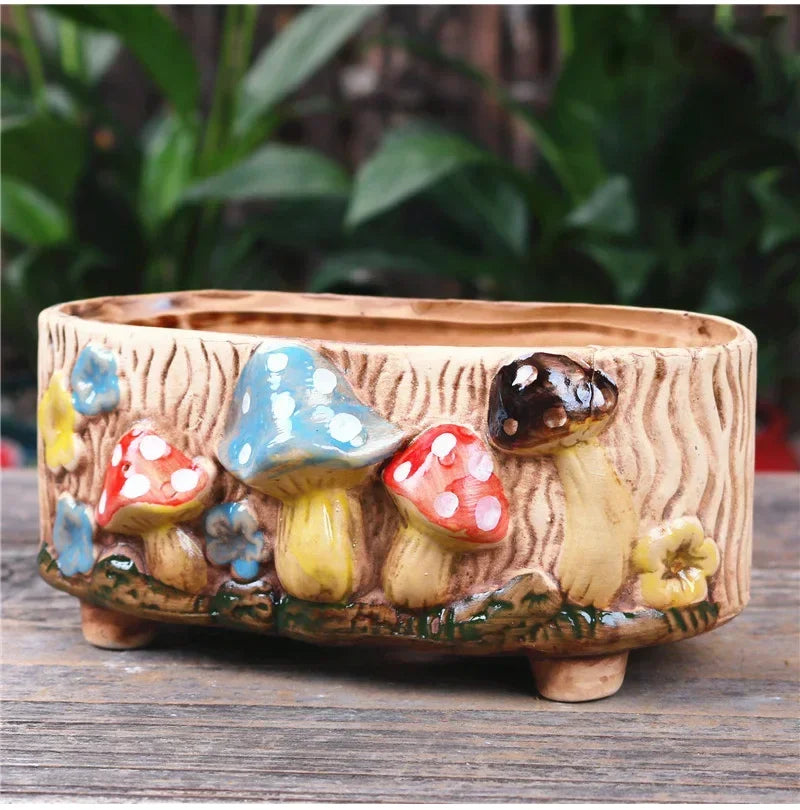 Fairy Tale Garden Personality Mushroom Pottery Succulent Plant Pot Living Room Decoration Flower Pot Retro Handicraft Bonsai Pot