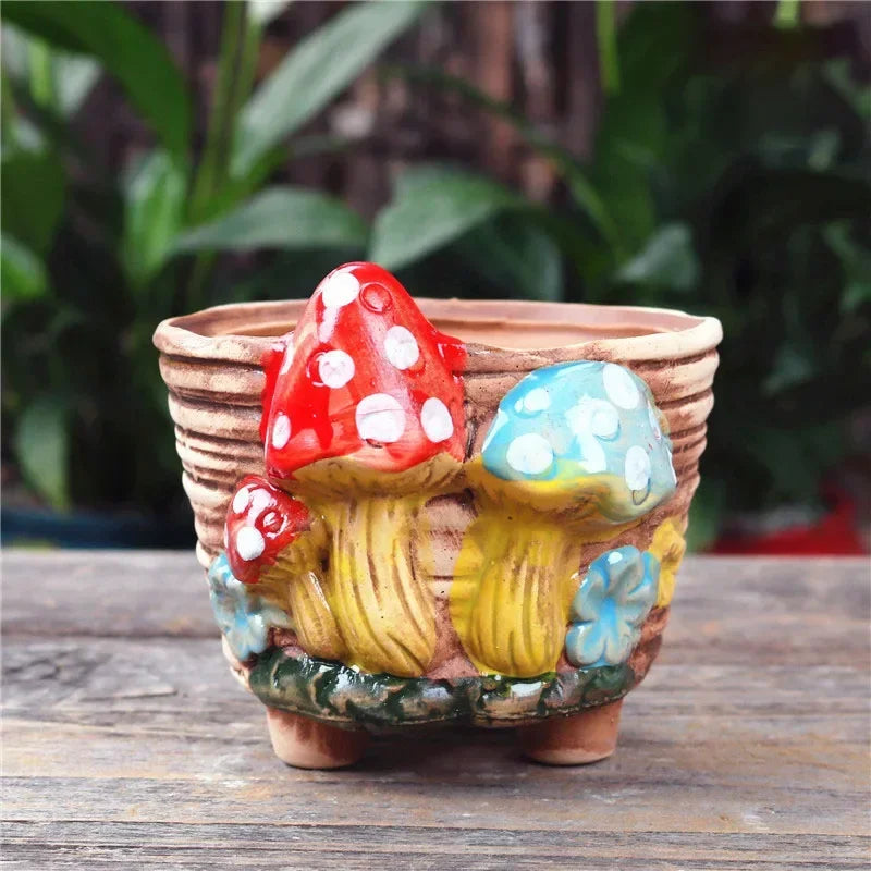 Fairy Tale Garden Personality Mushroom Pottery Succulent Plant Pot Living Room Decoration Flower Pot Retro Handicraft Bonsai Pot