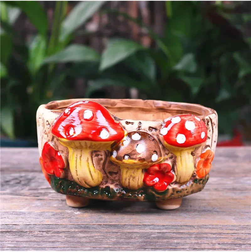 Fairy Tale Garden Personality Mushroom Pottery Succulent Plant Pot Living Room Decoration Flower Pot Retro Handicraft Bonsai Pot