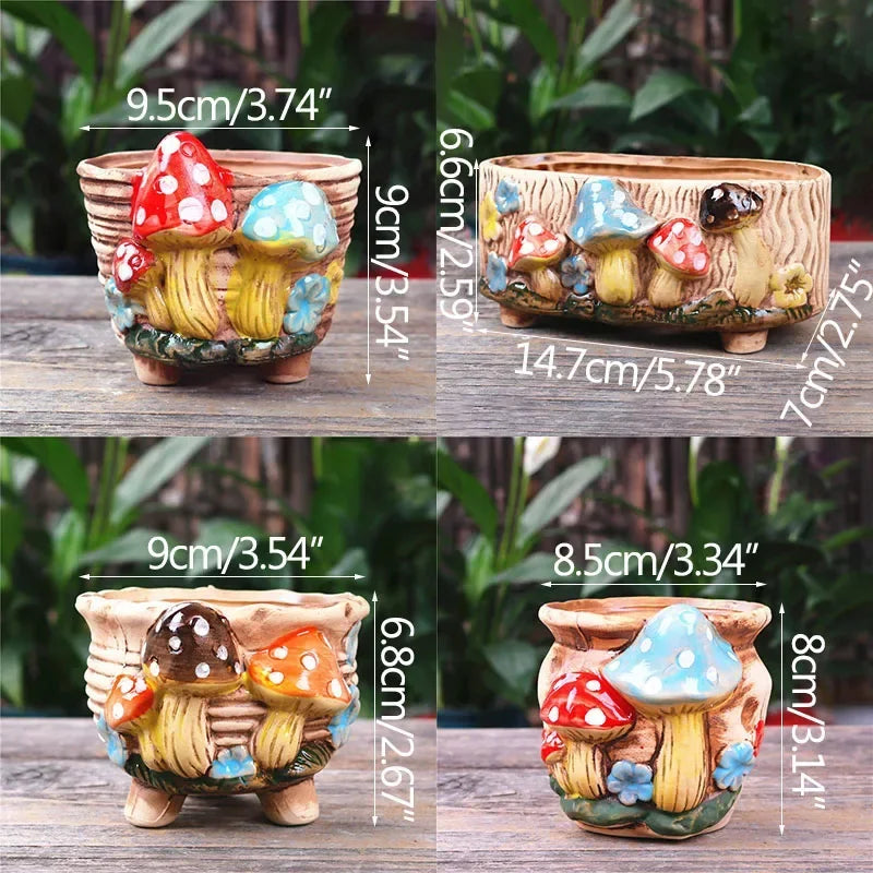 Fairy Tale Garden Personality Mushroom Pottery Succulent Plant Pot Living Room Decoration Flower Pot Retro Handicraft Bonsai Pot