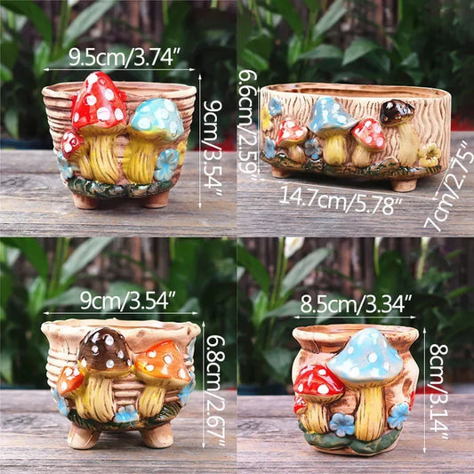 Fairy Tale Garden Personality Mushroom Pottery Succulent Plant Pot Living Room Decoration Flower Pot Retro Handicraft Bonsai Pot