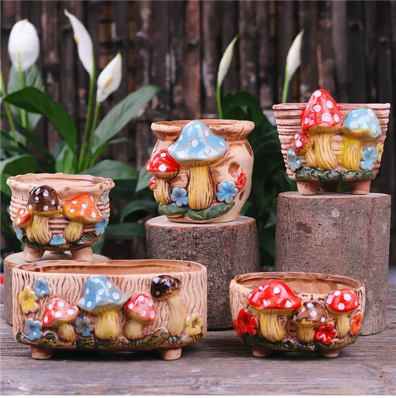 Fairy Tale Garden Personality Mushroom Pottery Succulent Plant Pot Living Room Decoration Flower Pot Retro Handicraft Bonsai Pot