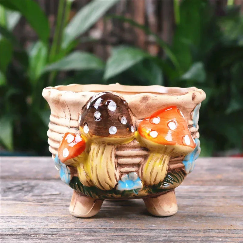 Fairy Tale Garden Personality Mushroom Pottery Succulent Plant Pot Living Room Decoration Flower Pot Retro Handicraft Bonsai Pot