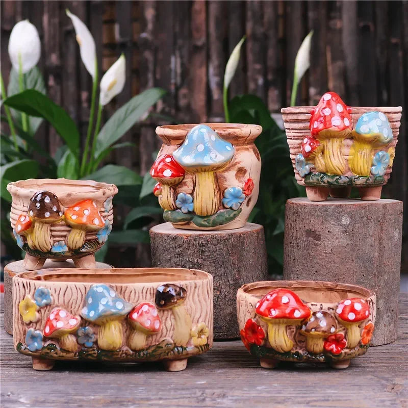 Fairy Tale Garden Personality Mushroom Pottery Succulent Plant Pot Living Room Decoration Flower Pot Retro Handicraft Bonsai Pot