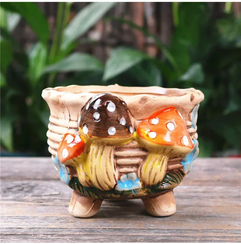 Fairy Tale Garden Personality Mushroom Pottery Succulent Plant Pot Living Room Decoration Flower Pot Retro Handicraft Bonsai Pot