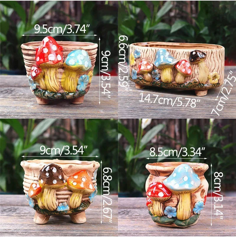 Fairy Tale Garden Personality Mushroom Pottery Succulent Plant Pot Living Room Decoration Flower Pot Retro Handicraft Bonsai Pot