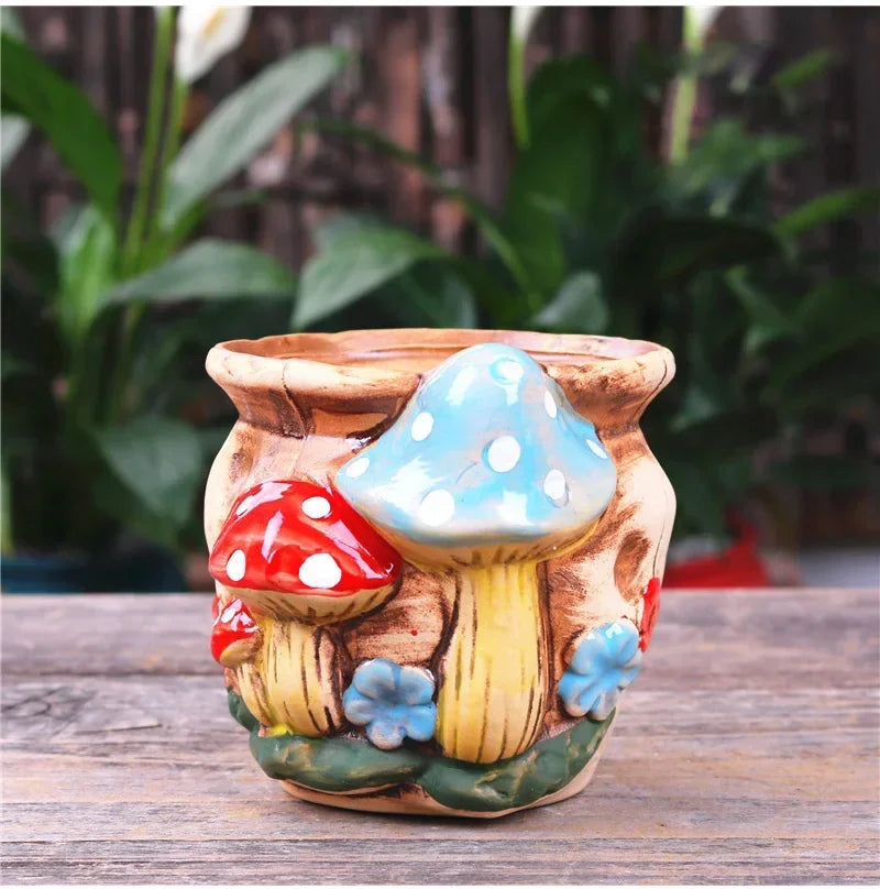 Fairy Tale Garden Personality Mushroom Pottery Succulent Plant Pot Living Room Decoration Flower Pot Retro Handicraft Bonsai Pot